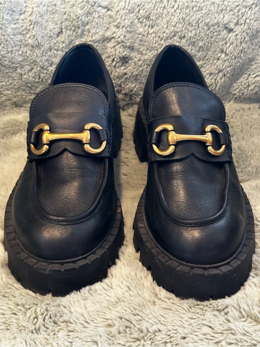Mango MNG Spain Women Black Genuine Leather Loafers Chunky Sole EU 37/US 7 City